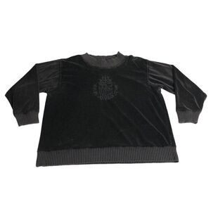 Vintage Jobuni Sweater Womens 1 1X Black Crest Velour Velvet Crew 80s 90s Y2K